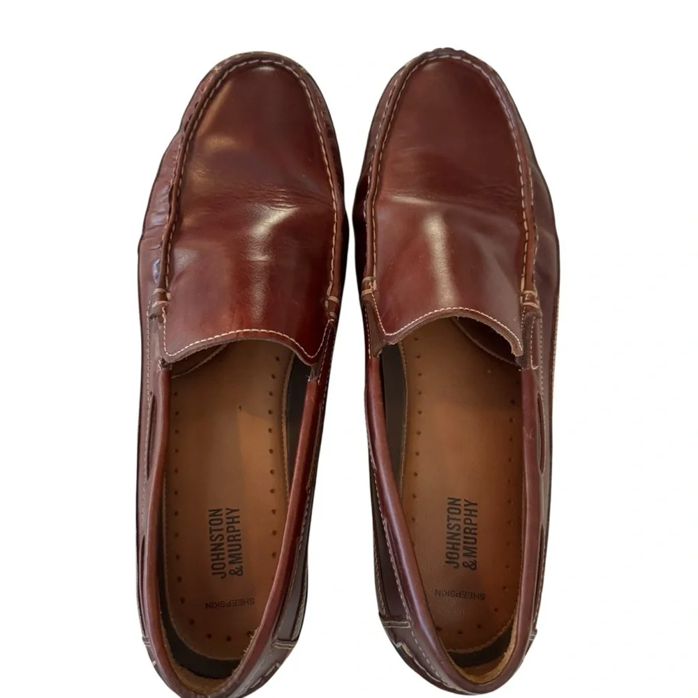 Johnston & Murphy Men Brown Leather Loafers Sheepskin Lined Size 13M